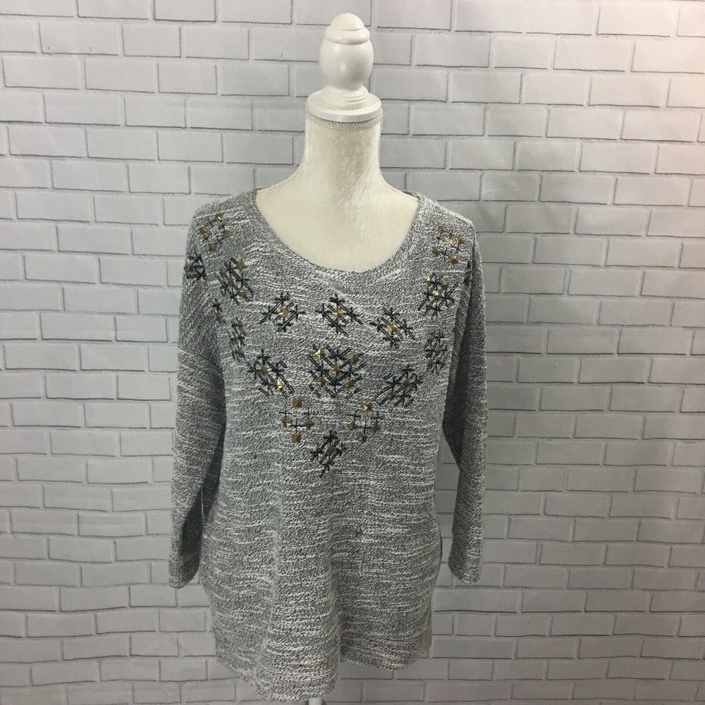 Lucky Lotus Women's Top Cotton Boxy Oversized Marled Embroidered Studded Size L